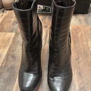 Guess Black Croc-Embossed Ankle Boots with Side Zip Detail